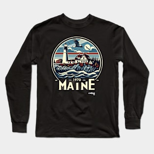Maine Maritime Echoes: Coastal Beacon - American Vintage Retro style USA State Long Sleeve T-Shirt